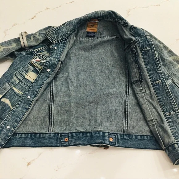 Vintage 2000 Paco Jeans Med Wash Mixed Distressed Denim Jacket Mens Size Small. - Picture 6 of 11